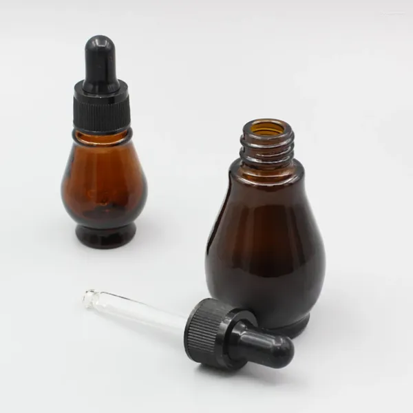 Bouteilles de stockage en gros, emballage cosmétique liquide ambre, flacon compte-gouttes en verre de forme Unique, sérum 30ml