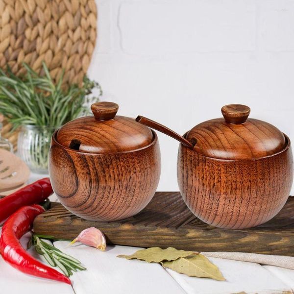 Bouteilles de rangement en bois, cave à sel, boîte à sucre et à poivre, récipient d'assaisonnement avec couvercle et cuillère, pots à épices de cuisine