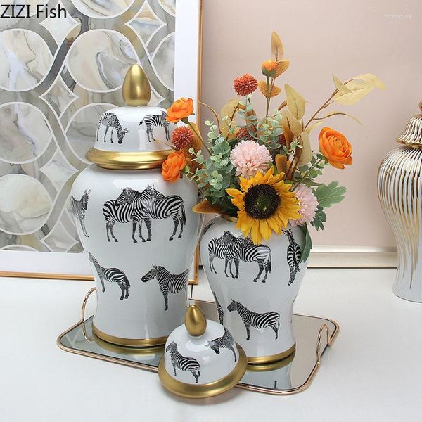 Bouteilles De Stockage Motif Zèbre Pot Général Avec Couvercles Réservoir En Céramique Plaqué Or Récipients Cosmétiques Fleur Artificielle Vases Décoratifs