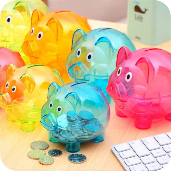 Almacenamiento BottlWedding regalos Lovely Candy color transparente hucha de plástico cajas de dinero Princess crown Pig Piggy Bank Kids Girl268J