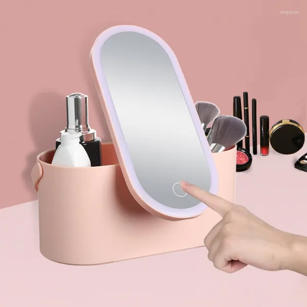 Boîtes de rangement 1500mAh Miroir Cosmétique Fille Mallette De Maquillage De Poche Dressing Box LED Lumière Rotatif Bijoux Organisateur Vanité