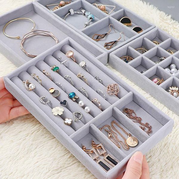 Boîtes de rangement 1PC gris velours empilable bijoux présentoir étui pour bijoux S mode Portable organisateur boîte