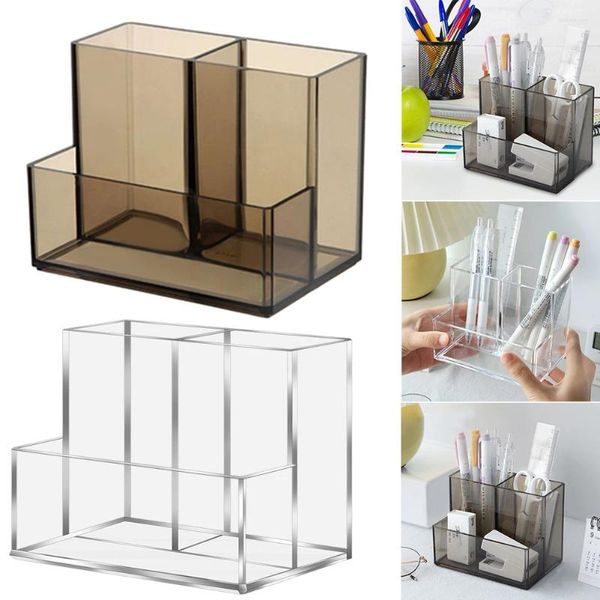 Boîtes de rangement 1PCS Transparent Acrylique Carré Trois Grille Porte-Stylo Rack Grande Capacité Bureau Crayon École Bureau Papeterie