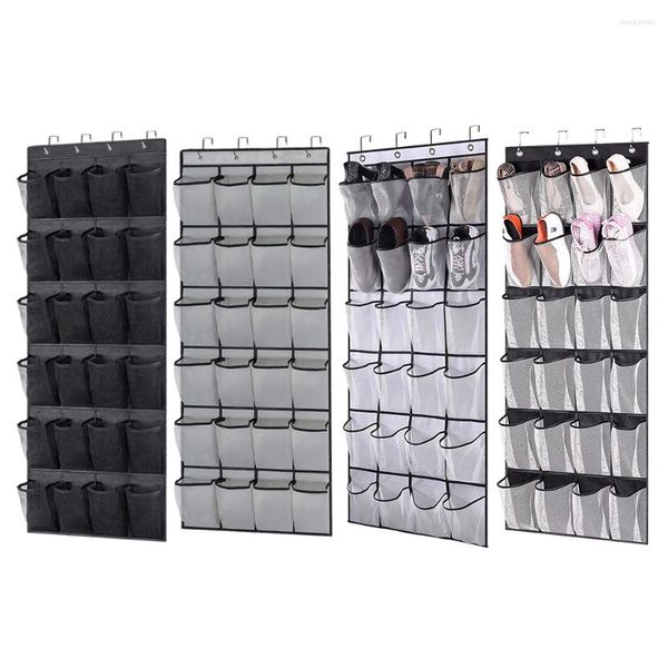 Cajas de almacenamiento 24 Psockets Ratry organizador de zapatos colgantes detrás de las puertas Bolso de pared para la pared para la casa no tejido Vista transparente de bolsillo con 4 ganchos de metal