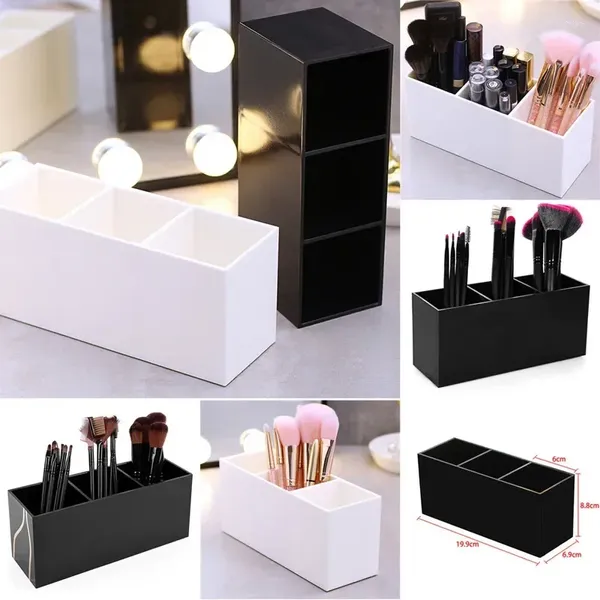 Cajas de almacenamiento con 3 celosías, organizador de brochas de maquillaje, contenedor de bolígrafos cosméticos, soporte de plástico para lápices de cejas, caja de cosméticos de pie