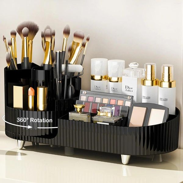 Boîtes de rangement Organisateur de maquillage rotatif 360 pour vanité avec porte-pinceau Grand commode de salle de bains de comptoir de boîte à comptoir