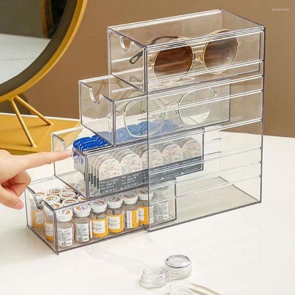 Cajas de almacenamiento Caja de gafas de 4 capas Organizador de acrílico Cosméticos Pen Holder Case Maquillaje Cajones de exhibición apilables F5D0