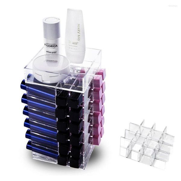 Cajas de almacenamiento Acrílico 64-Grid Rotating Lipstick Display Stand Extraíble Multi-Grid Rack Cosmético Caja transparente