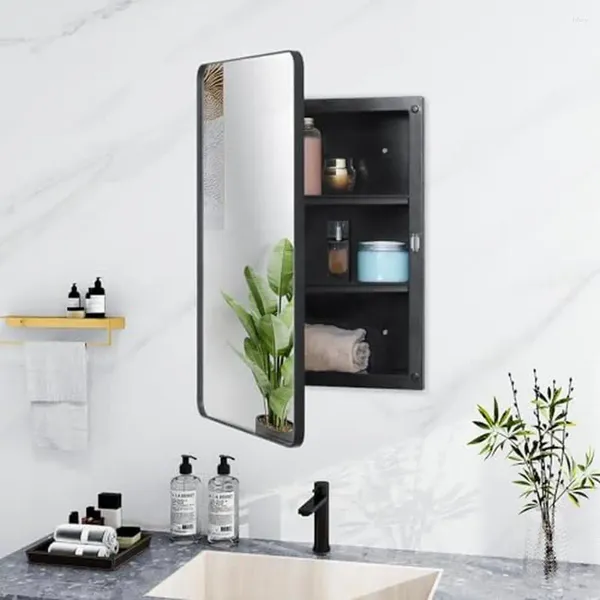 Boîtes de rangement étagères en plastique réglables Miroir de l'armoire noire Cadre métallique Cadre de surface encastrée Organisation