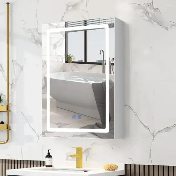 Boîtes de rangement Armoires de salle de bain Louleurs LED Miroir mural étagère à étagère réglable en verre en bois d'ingénierie en 3 couleurs