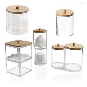 Boîtes de rangement Organisateur de salle de bain Boîte à cosmétiques Boule de coton Qtip Holder Brosse Maquillage Réservoir transparent Couverture en bambou