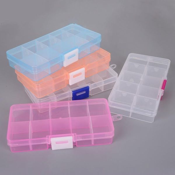 Contenedores de cajas de almacenamiento, 10 rejillas, 5 colores a elegir, cuentas de joyería ajustables, pastillas para decoración de uñas, caja de puntas, herramienta de plástico transparente duro