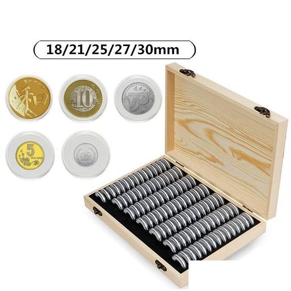 Boîtes de rangement Bacs 100Pcs / Set Coin Box Réglable Antioxydant En Bois Collection Commémorative Conteneur Avec Coussin De Réglage L Dhzyt