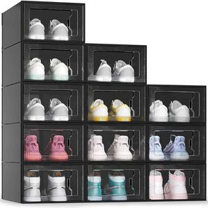 Boîtes de rangement Bodes 12 Pack Shoe Rangement Boîte de rangement en plastique noir Empilable Armoire de robe Q240506