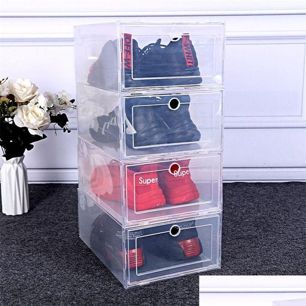 Cajas de almacenamiento Contenedores 3/6 unids / set Zapatos transparentes Caja de almacenamiento Engrosado Apilable Organizador de zapatos Plástico Der Shoebox Rack Clear Cabine DHHHWD