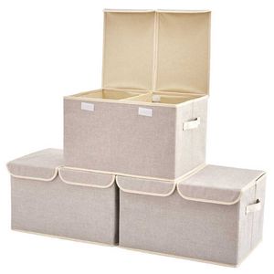 Boîtes de rangement Poubelles Lot de 3 grands cubes de rangement pliables en tissu de lin avec couvercle et poignées pour chambre d'enfant, chambre d'enfant, jouets P230324