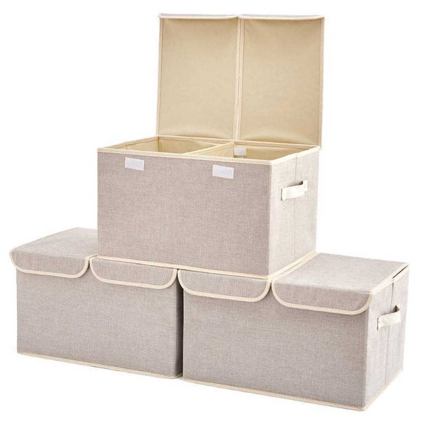 Cajas de almacenamiento Contenedores Paquete de 3 Cubos de almacenamiento plegables de tela de lino grande Contenedores de contenedores con tapa y asas para armario de guardería Juguetes para habitaciones de niños P230324
