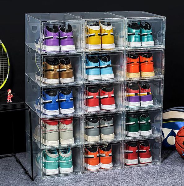 Cajas de almacenamiento Contenedores 3 Unids Caja de zapatos de plástico transparente Zapatillas de baloncesto Zapatos deportivos Caja de almacenamiento A prueba de polvo High-Tops Organizador Combinación Dhg5P