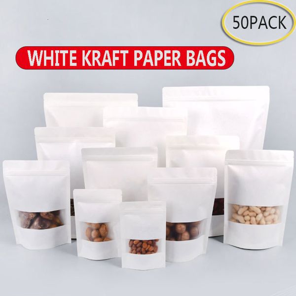 Boîtes de rangement Bacs 50pcs sacs en papier kraft blanc debout Fermeture à glissière fermeture éclair bonbons thé fruits secs emballage cadeau Étanche à l'humidité pochette à fenêtre ouverte 230327