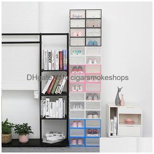 Boîtes de rangement Bacs 6Pc Transparent épaissi anti-poussière chaussures organisateur boîte peut être superposé combinaison armoire à chaussures Q1130 Drop300e