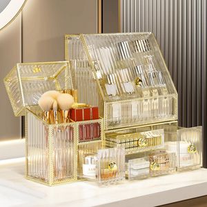 Boîtes de rangement Bacs Acrylique Maquillage Organisateur Boîte De Luxe Cristal Cosmétique Support De Stockage Grande Capacité Rouge À Lèvres Brosse Bijoux Soins De La Peau Organisation 230321