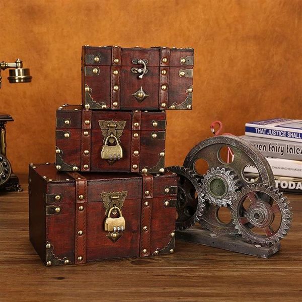 Boîtes de rangement bacs grande boîte en bois en métal vintage avec serrure valise bijoux pour cadeau artisanat organisateur décorations de bureau emballage232d