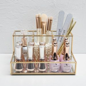 Boîtes de rangement Bacs En Verre Clair Organisateur De Maquillage Cosmétique Avec Bord Couvert Doré Bijoux Conteneur Cas Rouge À Lèvres