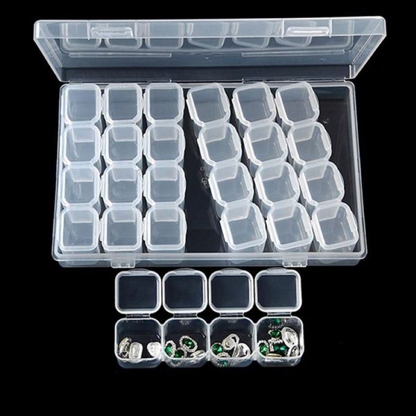 Cajas de almacenamiento Contenedores Caja de joyería transparente Contenedor con divisores extraíbles 28 rejillas Nail Art Rhinestone Diamantes Cuentas Pendientes Di275d