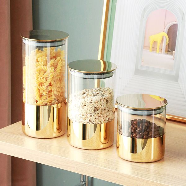 Boîtes de rangement Bacs Conteneur de grains de café Verre doré Scellé Snack Réservoir Couvercle en métal Maison Cuisine Ornements 230615