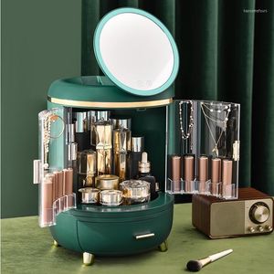 Cajas de almacenamiento, contenedores, caja de cosméticos con espejo, luz Led, escritorio, organizador de joyas y maquillaje, cajón a prueba de polvo para cosméticos