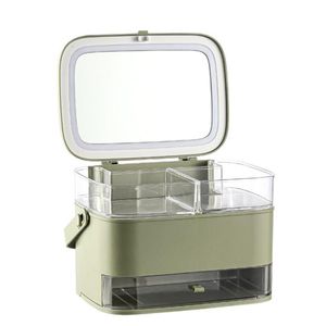 Boîtes de rangement Bacs Cosmétique Boîte Avec Miroir Et Lumière LED Bureau Maquillage Organisateur Cas Anti-Poussière Tiroir Type Cosmétiques