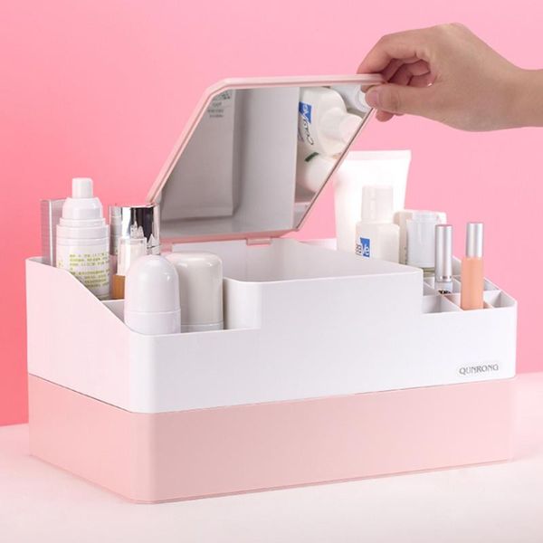 Cajas de almacenamiento Contenedores Caja de cosméticos de escritorio con espejo de maquillaje Joyería de plástico coreano Lápiz labial Productos para el cuidado de la piel Tocador