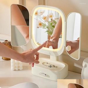 Boîtes de rangement Bacs Maquillage de bureau Miroir de courtoisie Commode mobile pliable avec lumière LED Dressing lumineux Hauteur rotative réglable Dhhwj