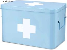 Opbergdozen Bins Flexzion EHBO KIT Medical Supplies Kit Organizer - Lege 13 inch Blue Metal Tin Medical Storage Box Hard Box S24513