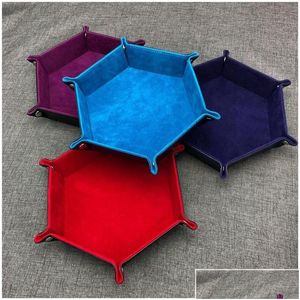 Cajas de almacenamiento Contenedores Bandeja de dados hexagonal plegable Caja decorativa para RPG DND Juegos PU Plato de cuero Entrega de entrega Home Garden Housekee Dhipj