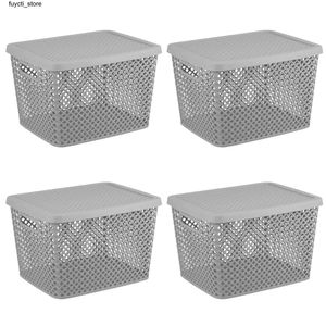 Boîtes de rangement Poubelles Grand panier de rangement décoratif en plastique avec couvercle gris S24513