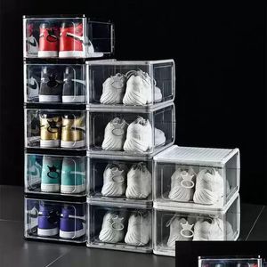 Boîtes de rangement Bacs Grande boîte à chaussures en plastique dur détachable pliable chaussures empilables organisateur armoire anti-poussière épaissie transparente M Dhtid