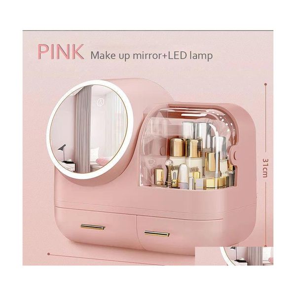 Boîtes de rangement Bacs Lumière Luxe LED Lampe Cosmétique Boîte Maquillage Organisateur Bijoux Vernis À Ongles Maquillage Conteneur De Bureau Beauté Dr Dhles