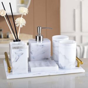 Opbergdozen bakken luxe hars badkamer accessoires set lade 5stcs Nordic White Marble Texture Kit Soap Dispenser Traystorage