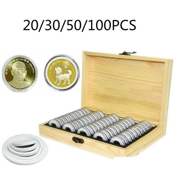 Cajas de almacenamiento Contenedores de madera de pino Titular de la moneda Monedas Anillo Caja de almacenamiento de madera 20/30/50/100PCS Tapas Acomodar Coleccionable Conmemorativo DHVJP