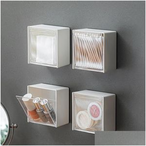 Boîtes de rangement Bacs en plastique mural anti-poussière organisateur de salle de bain pour coton BS maquillage adhésif petit porte-bijoux boîte Drop D Dhukm