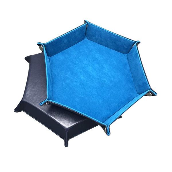 Cajas de almacenamiento Contenedores Rolling Folding Hexagon Dice Game Tray Holder Doble cara Gruesa PU LeatherVelvet Mat Suministros de oficina Herramientas