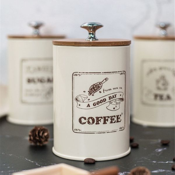 Boîtes de rangement bacs à thé Coffee Sugar Jars en bois scellé boîtier de cuisine en métal pot-étain pot de céréales en vrac
