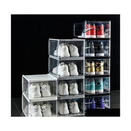 Cajas de almacenamiento Contenedores Caja de zapatos transparente de plástico engrosado Desmontable Apilable Combinación de zapatos Contenedor Organizador Gabinete a prueba de polvo T Dhqtn