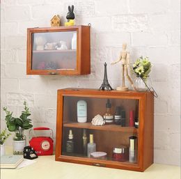 Boîtes de rangement Bacs Vintage en bois massif avec rabat de porte en verre anti-poussière à deux couches boîte à cosmétiques vitrine armoire à tasses aveugle Drop Delive Ot6Or