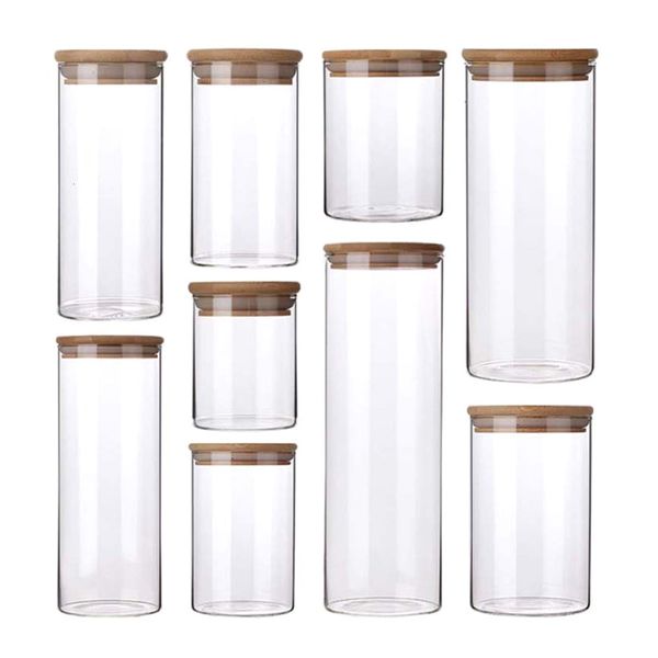 Boîtes de rangement Bacs Bocaux en bois Couvercle Verre Boîte hermétique Bouteilles de cuisine Bocal Conteneur alimentaire scellé Thé Grains de café Grains Orgnizer 230613