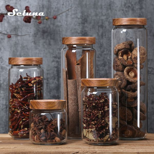 Boîtes de rangement Bacs Couvercle en bois Verre Boîte hermétique Bouteilles de cuisine Bocaux Récipient alimentaire Grains Thé Grains de café Bocal à bonbons Conteneurs 230613