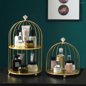 Cajas de almacenamiento jaula de pájaros estante dorado elegante escritorio maquillaje cosmético inodoro organizador hierro soporte de exhibición accesorios de baño