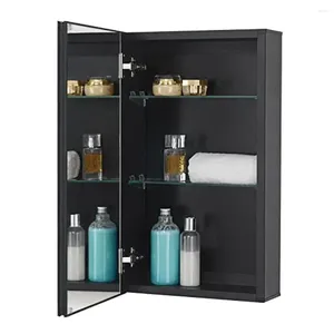 Boîtes de rangement en aluminium noir armoire murale de salle de bain avec miroir étagères en verre réglables à charnière à fermeture douce 14 x 24 pouces ouverture réversible