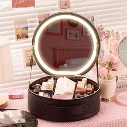 Boîtes de rangement Capacité Boîte Lavage Dames avec miroir Sac circulaire portable Cosmétique Grande vanité Lumière